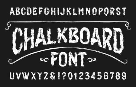 Chalkboard alphabet font. Handwritten retro letters and numbers. Stock vector typeface.のイラスト素材