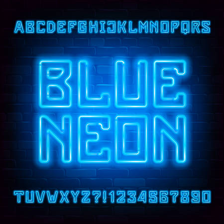Blue Neon alphabet font. Neon light geometric letters and numbers on brick wall background. Stock vector typeface for your typography design.のイラスト素材