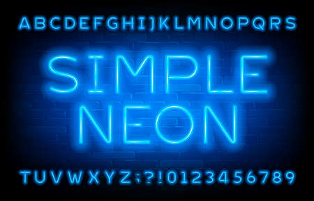Simple Neon alphabet font. Blue neon light letters and numbers on brick wall background. Stock vector typescript for your typography design.のイラスト素材