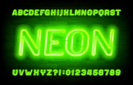 Neon alphabet font. Green neon light letters and numbers on brick wall background. Stock vector typescript for your typography design.のイラスト素材