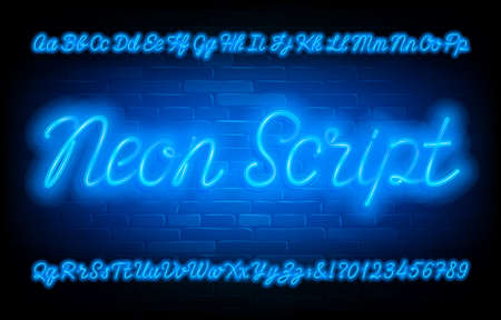 Neon Script alphabet font. Blue neon light uppercase and lowercase letters and numbers on brick wall background. Stock vector typescript for your typography design.のイラスト素材