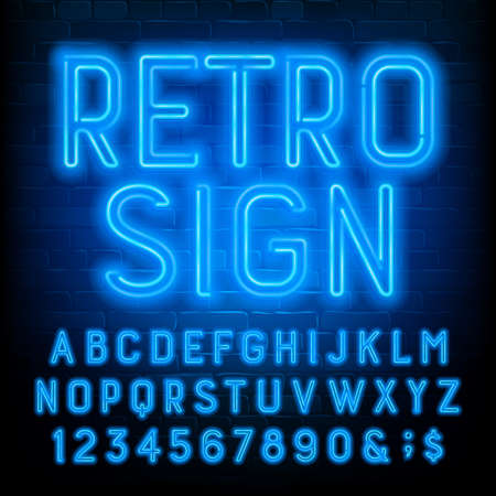 Retro Sign alphabet font. Blue neon light letters and numbers on brick wall background. Stock vector typescript for your typography design.のイラスト素材