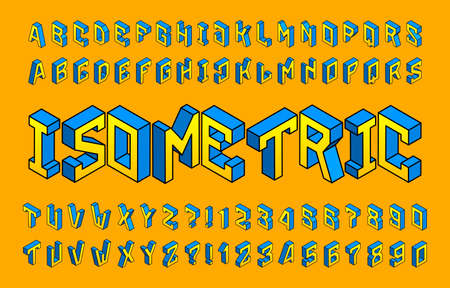 Isometric alphabet font. Simple 3d geometric letters and numbers. Stock vector typescript for your typography design.のイラスト素材
