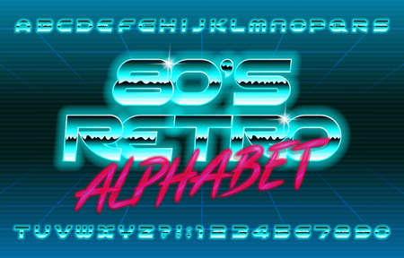 80s Retro alphabet font. Glowing oblique letters and numbers. Stock vector typescript for your typography design.のイラスト素材
