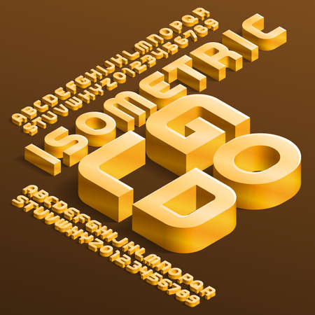 Isometric Gold alphabet font. 3D golden letters and numbers with shadow. Stock vector typescript for your design.のイラスト素材