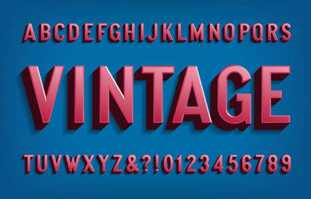 Vintage alphabet font. 3D letters and numbers in 50s style. Vector typescript for your typography design.のイラスト素材