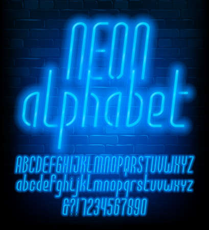 Neon alphabet font. Uppercase and lowercase narrow letters. Blue neon light letters and numbers. Brick wall background. Stock vector typescript for your typography design.のイラスト素材