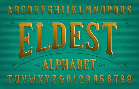 Eldest alphabet font. Vintage letters and numbers. Vector typescript for your typography design.のイラスト素材