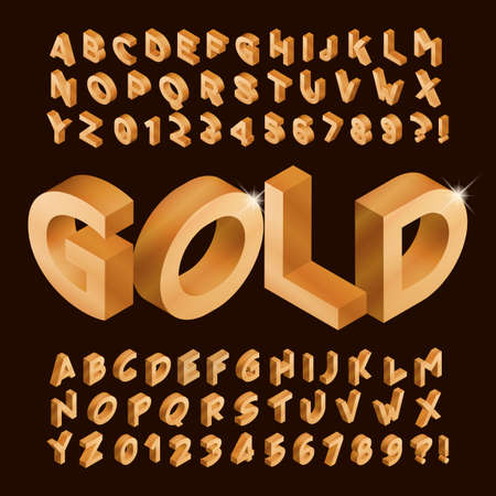 Gold alphabet font. Isometric golden letters and numbers. Stock vector typeface for your typography design.のイラスト素材