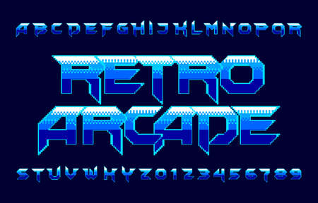 Retro Arcade alphabet font. Pixel gradient letters and numbers. 80s video game typescript.のイラスト素材