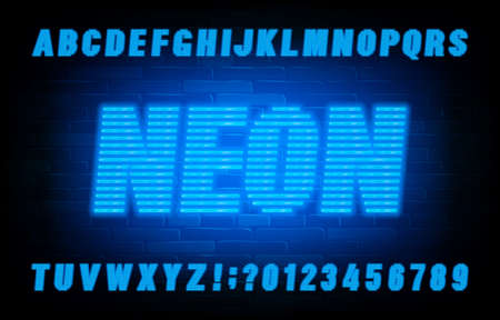 Neon line alphabet font. Blue neon light letters and numbers on brick wall background. Stock vector typescript for your typography design.のイラスト素材