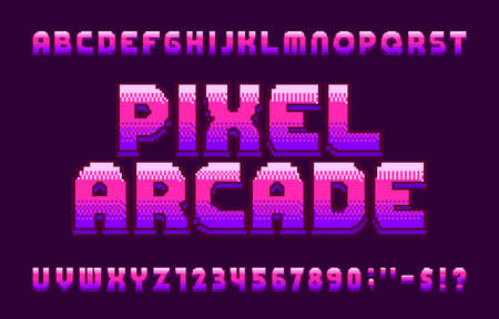 Pixel Arcade alphabet font. 3D pixel letters and numbers in pink. 80s arcade video game typescript.のイラスト素材