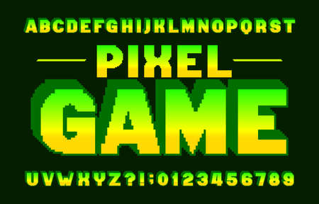 Pixel Game alphabet font. 3D pixel letters and numbers. 80s arcade video game typescript.のイラスト素材