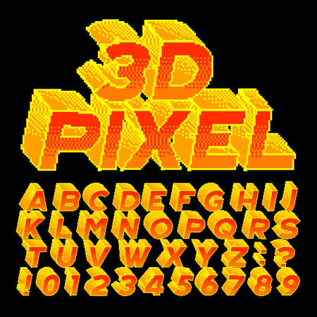 3D Pixel alphabet font. Computer letters and numbers. 80s arcade video game typeface.のイラスト素材