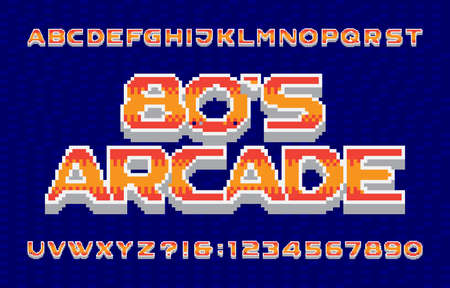 80s arcade alphabet font. 3D pixel letters, numbers and symbols. 80s video game typescript.のイラスト素材