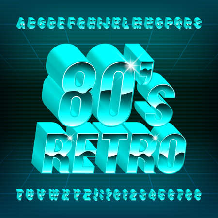 80s Retro alphabet font. 3D letters and numbers in 80s style. Stock vector typescript for your typography design.のイラスト素材