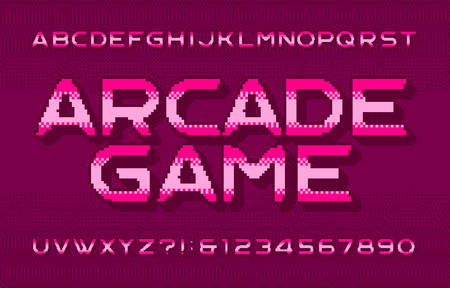 Arcade Game alphabet font. 3D pixel letters, numbers and symbols. Pixelated background. 80s video game typescript.のイラスト素材