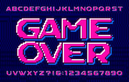 Game over alphabet font. Eighties style pixel letters, numbers and symbols. Pixel background. 80s arcade video game typescript.のイラスト素材