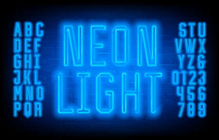 Neon Light alphabet font. Geometric condensed letters, numbers and symbols on brick wall background. Stock vector typescript for your typography design.のイラスト素材
