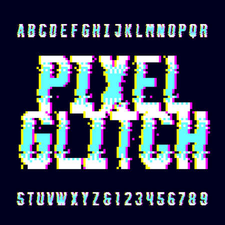 Pixel Glitch alphabet font. Digital distort letters and numbers. 80s arcade video game typescript.のイラスト素材