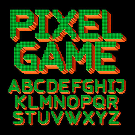 Pixel Game alphabet font. Digital 3d effect letters. 80s arcade video game typeface.のイラスト素材