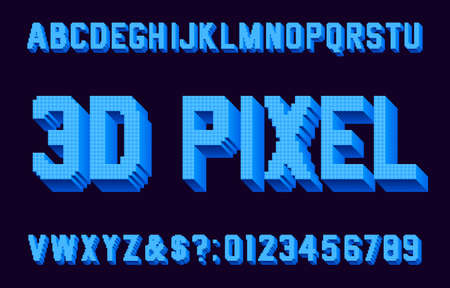 3D Pixel alphabet font. Digital 3d effect letters and numbers. 80s arcade video game typeface.のイラスト素材