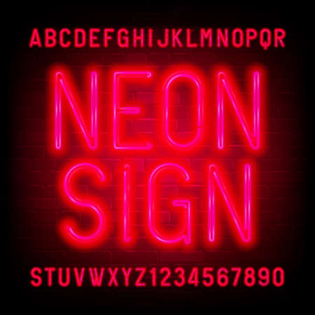 Neon Sign alphabet font. Red neon light condensed letters and numbers on brick wall background. Stock vector typescript for your typography design.のイラスト素材