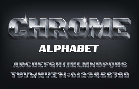 Chrome alphabet font. 3D effect bold metallic letters, numbers and symbols with shadow. Stock vector typescript for your design.のイラスト素材