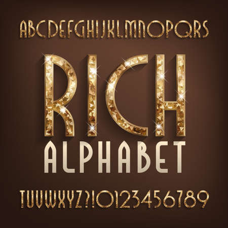 Rich alphabet font. Gold effect art deco letters and numbers with shadow. Stock vector typescript for your design.のイラスト素材
