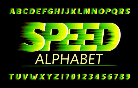 Speed alphabet font. Fast wind effect letters and numbers in vivid colors. Stock vector typescript for your design.のイラスト素材