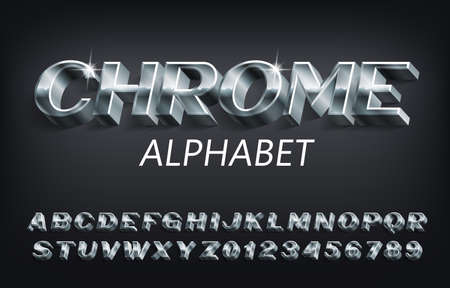 Chrome alphabet font. 3D metallic letters, numbers and symbols with shadow. Stock vector typescript for your design.のイラスト素材