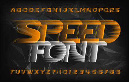 Speed alphabet font. Wind effect futuristic letters and numbers on abstract polygonal background. Stock vector typescript for your typography design.のイラスト素材