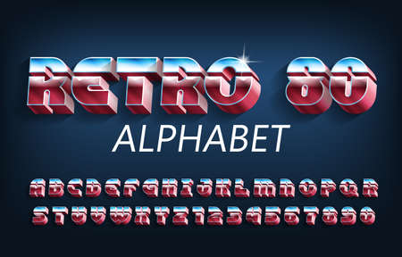 Retro 80 alphabet font. 3D effect letters and numbers with shadow. Stock vector typescript for typography in retro 80 style.のイラスト素材