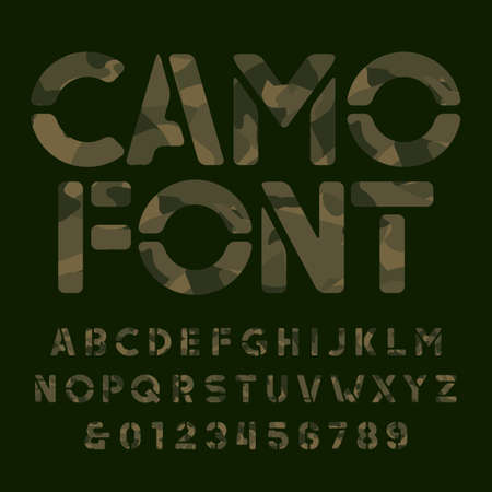 Camo alphabet font. Stencil camouflage letters and numbers on a dark background. Vector typescript for your design.のイラスト素材