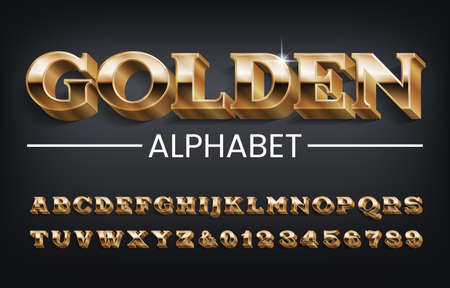 Golden alphabet font. 3D serif letters and numbers with shadow on dark background. Stock vector typescript for your design.のイラスト素材