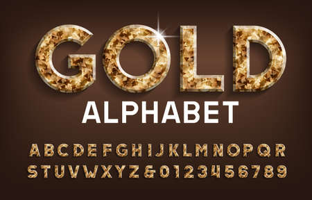 Gold alphabet font. Golden beveled letters and numbers with shadow. Stock vector typescript for your design.のイラスト素材