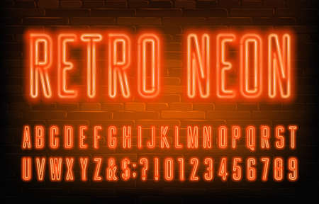 Retro Neon alphabet font. Condensed orange neon letters and numbers. Brick wall background. Stock vector typescript for your typography design.のイラスト素材