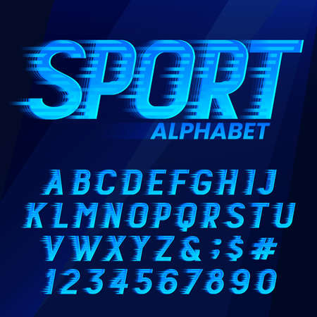 Sport alphabet font. Wind effect dynamic letters and numbers in blue colors. Stock vector typescript for your typography design.のイラスト素材