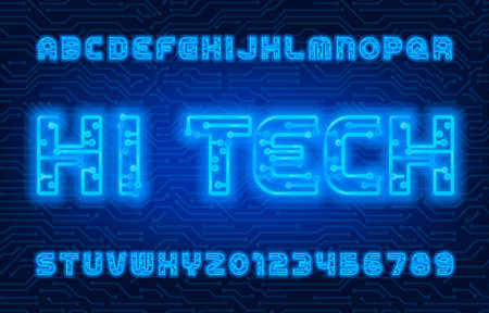 Hi Tech alphabet font. Neon color letters and numbers. Stock vector circuit board typescript.のイラスト素材