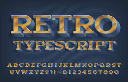 Retro alphabet font. 3D effect vintage letters and numbers with shadow. Vector typeface for your typography design.のイラスト素材