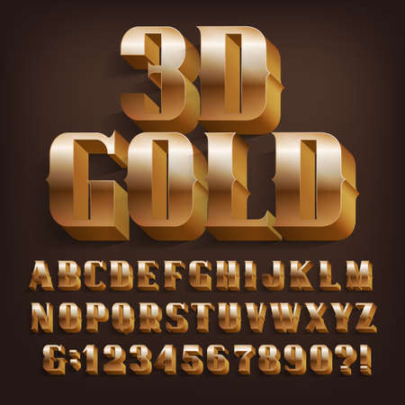3D Gold alphabet font. Vintage bold letters, numbers and symbols with shadow. Stock vector typescript for your design.のイラスト素材