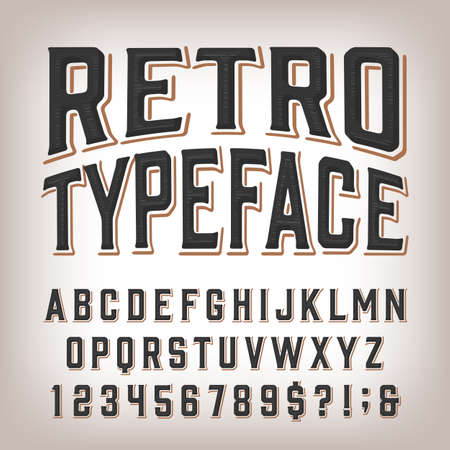 Retro alphabet font. Damaged vintage letters, numbers and symbols. Stock vector typescript for your typography design.のイラスト素材