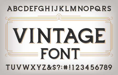 Vintage alphabet font. Scratched antique letters, numbers and symbols. Stock vector typescript for your typography design.のイラスト素材