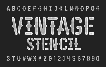 Vintage Stencil alphabet font. Textured vintage letters and numbers. Vector typeface for your typography design.のイラスト素材