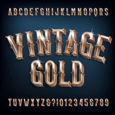 Vintage Gold alphabet font. 3D retro golden letters, numbers and symbols. Stock vector typescript for your design.のイラスト素材