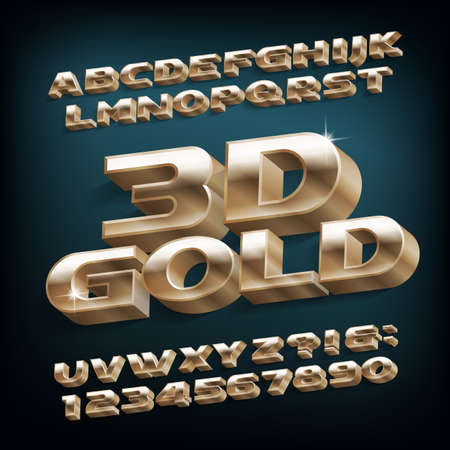 3D Gold alphabet font. 3d effect modern letters and numbers. Stock vector typeface for your design.のイラスト素材