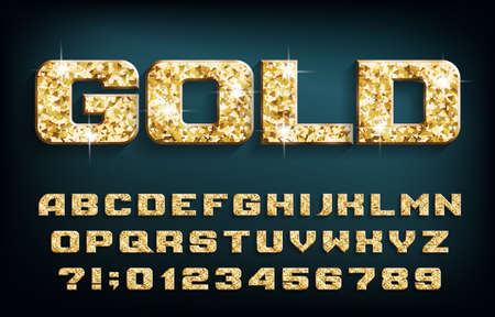 Gold alphabet font. Golden glitter beveled letters and numbers with shadow. Stock vector typeface for your design.のイラスト素材
