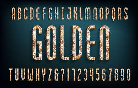 Golden alphabet font. Golden glitter luxury letters and numbers with shadow. Stock vector typeface for your design.のイラスト素材
