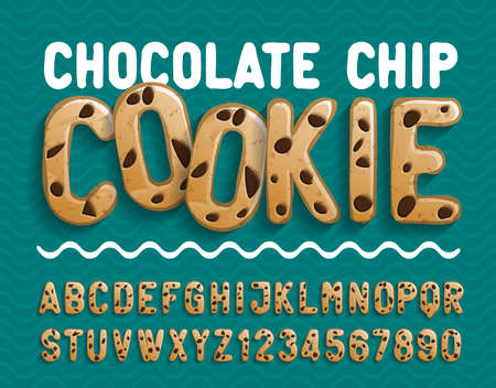Chocolate Chip Cookie alphabet font. Cartoon cookie letters and numbers. Stock vector illustration for your typography design.のイラスト素材