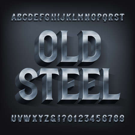 Old Steel alphabet font. 3D metal letters and numbers. Stock vector typescript for your design.のイラスト素材